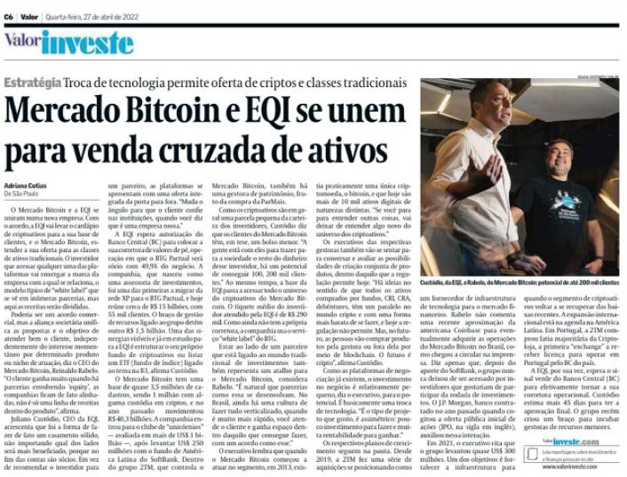 Recorte do jornal Valor Econômico sobre a associação enre EQI e Mercado Bitcoin