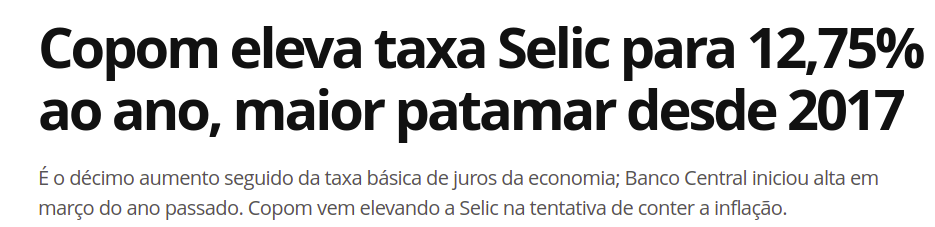 Copom eleva taxa Selic para 12,75%