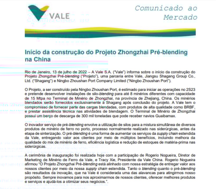 Vale (VALE3) encaminha comunicado ao mercado.