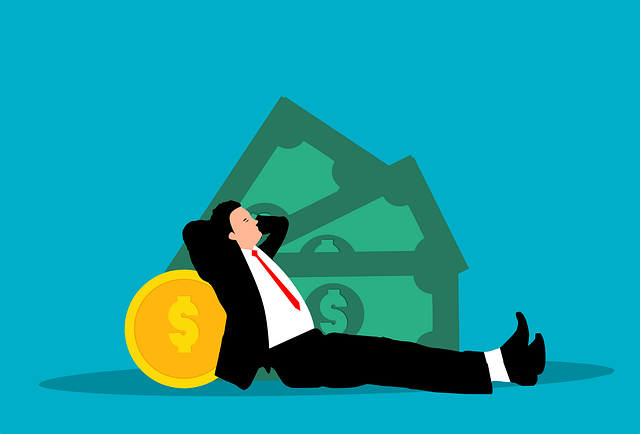 Ilustração de homem descansando apoiado em notas e moedas.