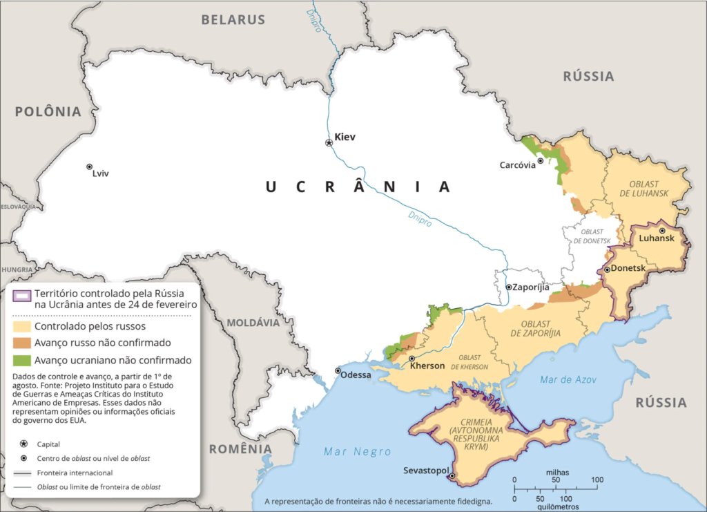 Mapa da Ucrânia e os territórios anexados pela Rússia.