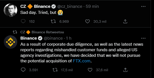 Print de tela de tuítes de CZ, CEO da Binance.