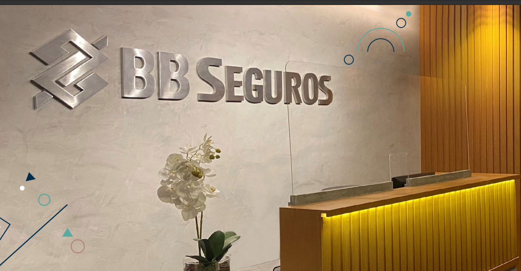 Escritório da BB Seguridade (BBSE3) com letreiro "BB Seguros" atrás.