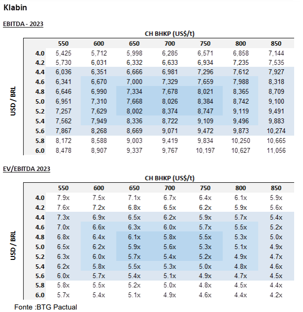 Dados do relatório BTG de papel e celulose sobre Klabin