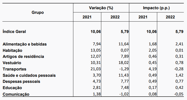 IPCA de 2022 separado por grupo