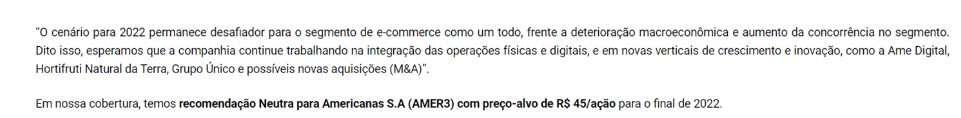 reprodução de trecho de relatório com recomendação para ações da Americanas