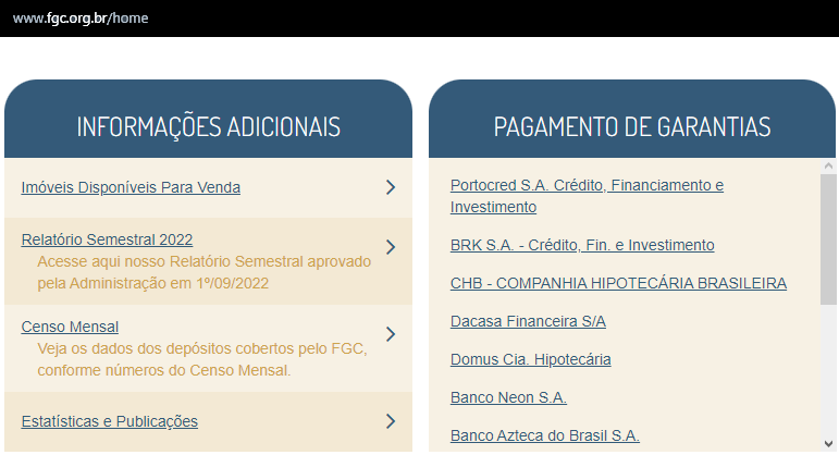 Tela do site do FGC para resgate por credores da BRK Financeira 