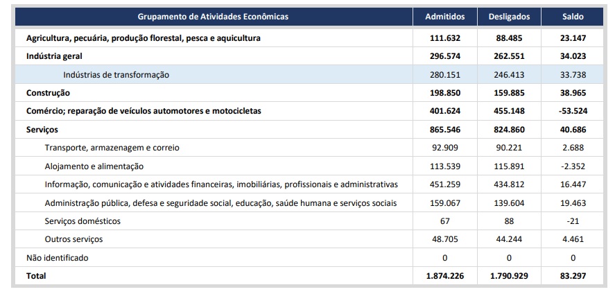 Dados do Caged de janeiro por divisão setorial