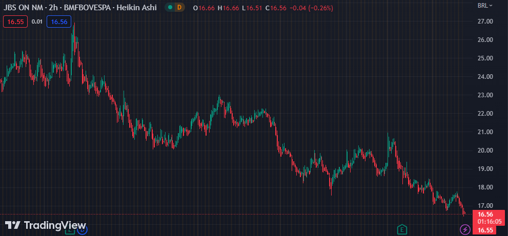 Gráfico mostra a ação JBSS3 na Bolsa.