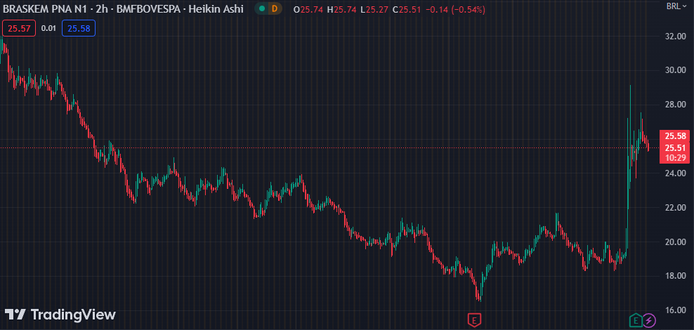 Gráfico mostra a ação BRKM5 na Bolsa.