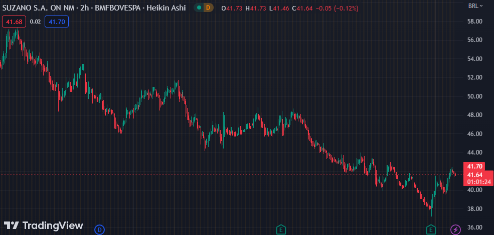 Gráfico mostra a ação SUZB3 na Bolsa.