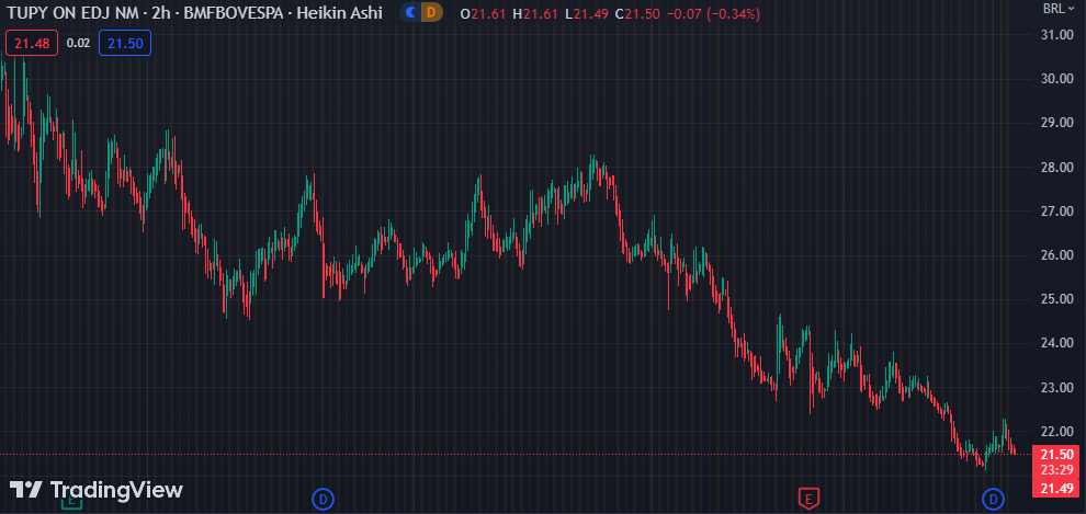 Gráfico mostra a ação TUPY3 na Bolsa.