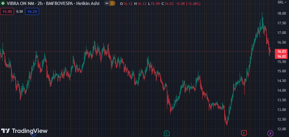 Gráfico mostra a ação VBBR3 na Bolsa.
