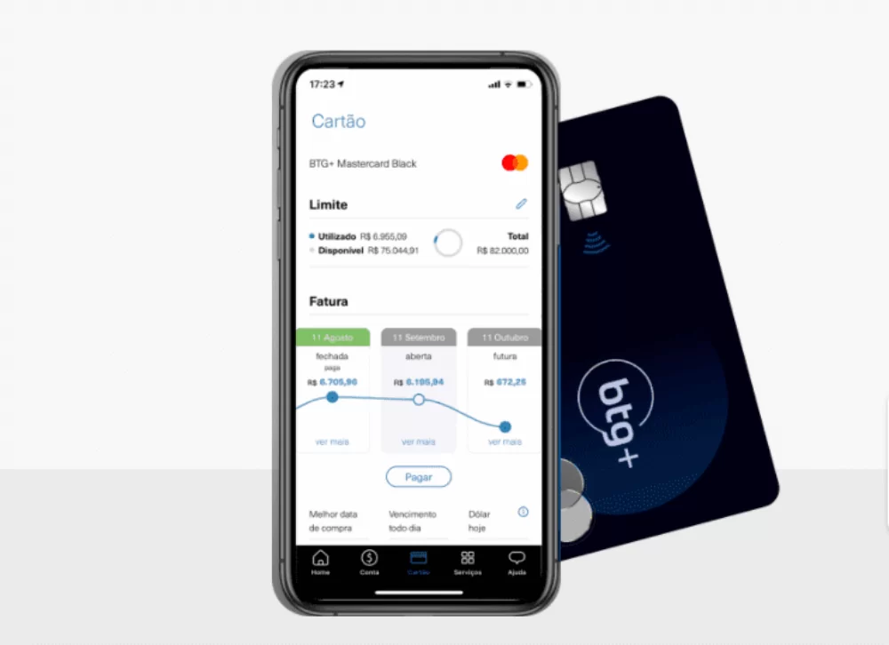 Imagem mostra app e cartão do BTG.