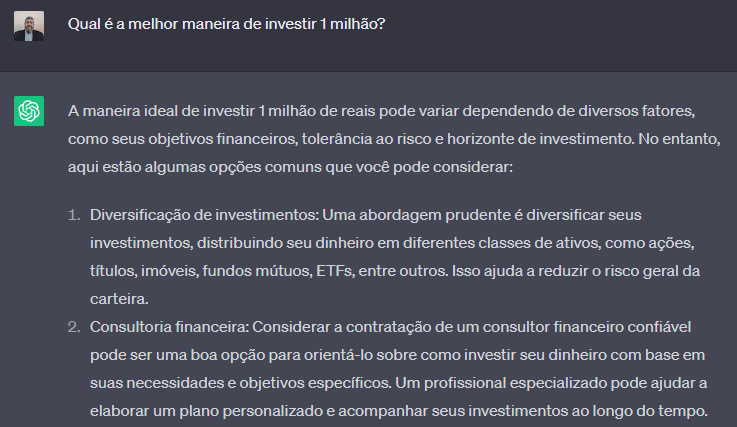 Imagem de diálogo do repórter da EQI com o chatGPT com pergunta sobre como investir R$ 1 milhão e respostas para diversificar investimentos e procurar uma consultoria.
