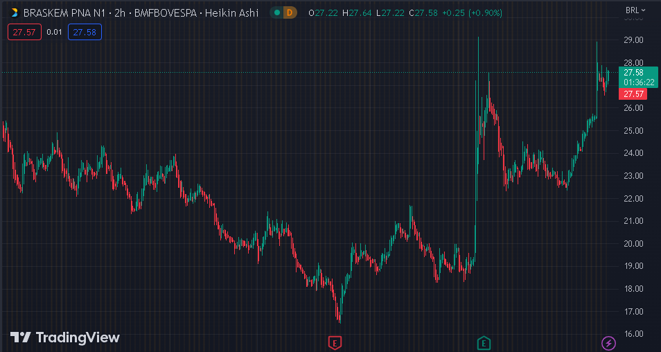 Gráfico mostra a ação BRKM5 na Bolsa.