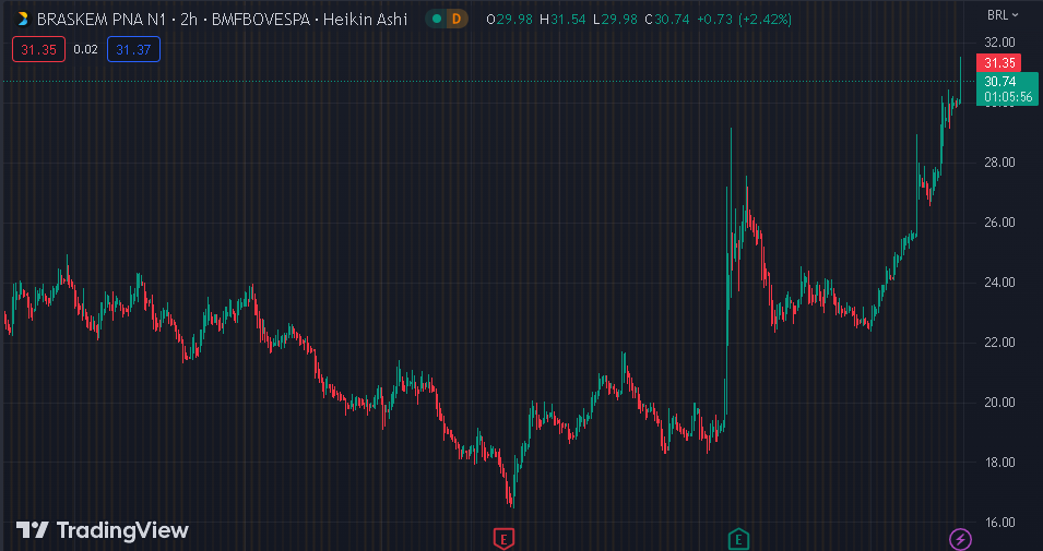 Gráfico mostra a ação BRKM5 na Bolsa.