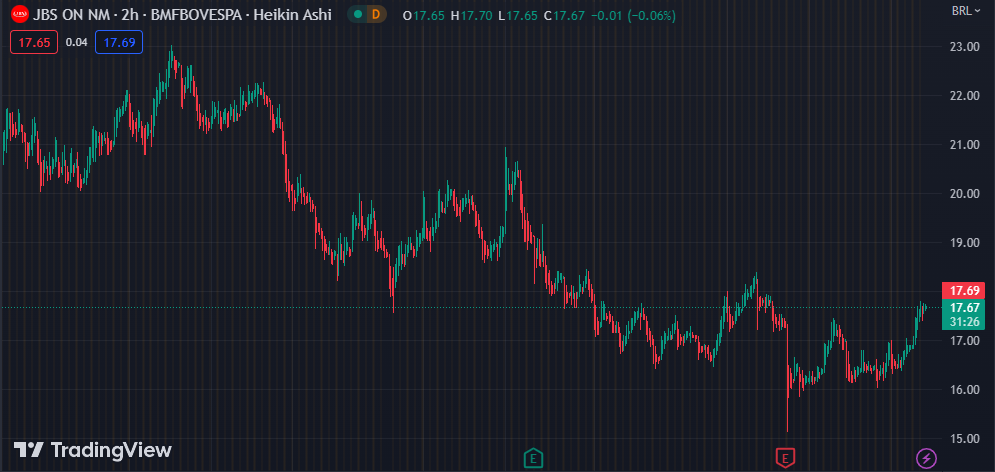 Gráfico mostra a ação JBSS3 na Bolsa.
