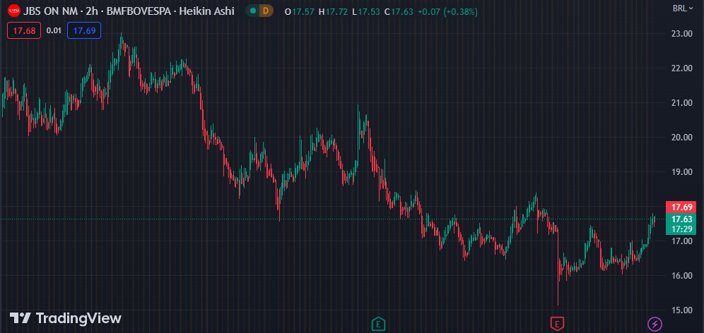 Gráfico mostra a ação JBSS3 na Bolsa.