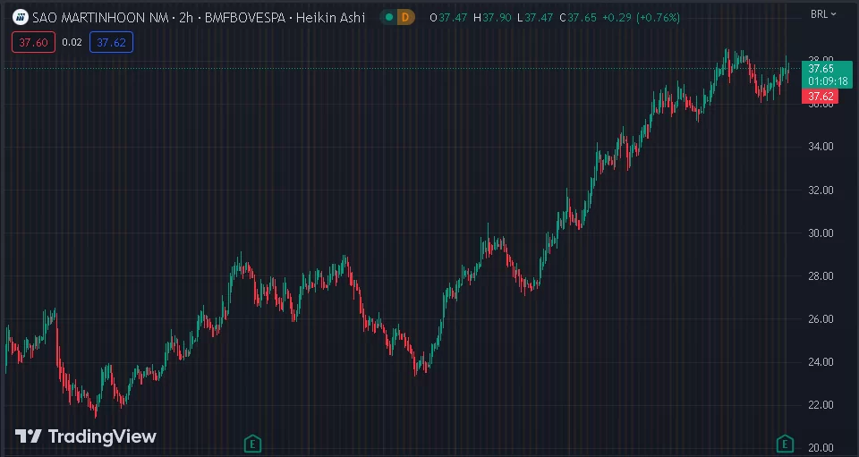 Gráfico mostra a ação SMTO3 na bolsa.