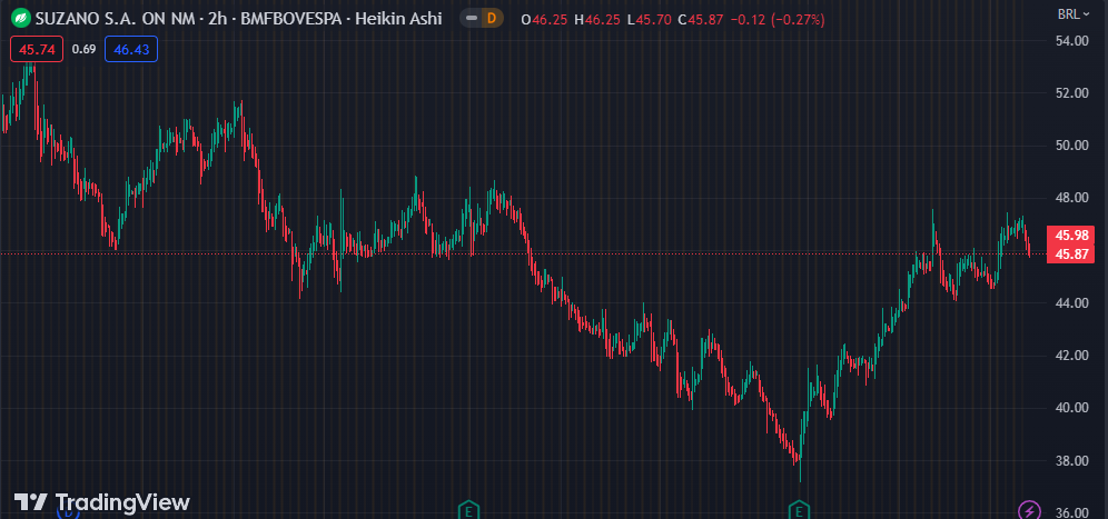 Gráfico mostra a ação SUZB3 na Bolsa.