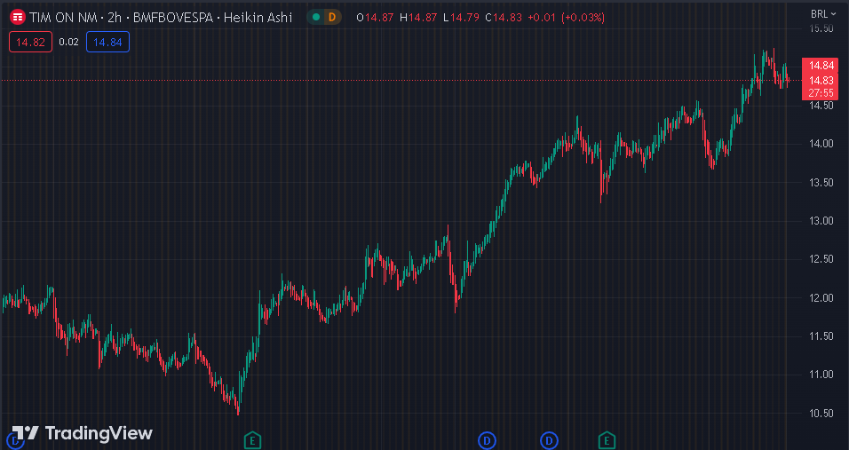 Gráfico mostra a ação TIMS3 na Bolsa.