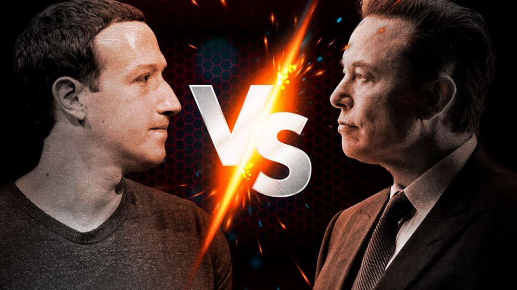 Imagem mostra Mark Zuckerberg e Elon Musk com um raio do meio e a palavra "vs" em texto sobre o lançamento do Threads