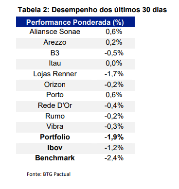 Tabela mostra a carteira ESG do BTG.