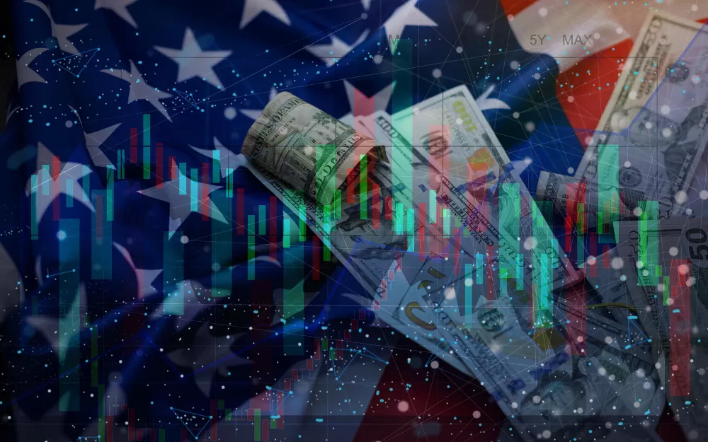 Gráfico de ações com bandeira americana