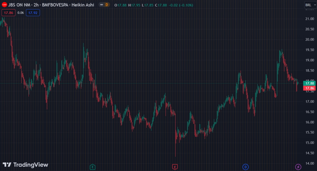 Gráfico mostra a ação JBSS3 na Bolsa.