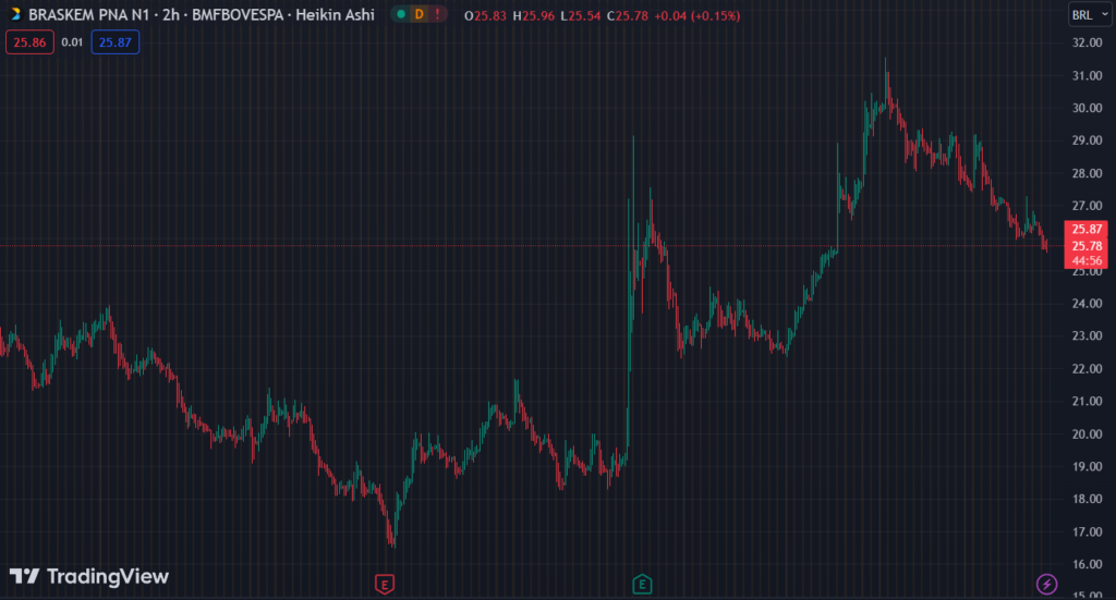 Gráfico mostra a ação BRKM5 na Bolsa.