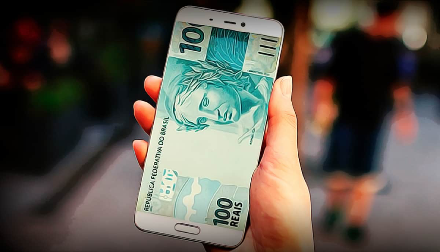 Imagem mostra um celular parecendo uma nota de R$ 100.