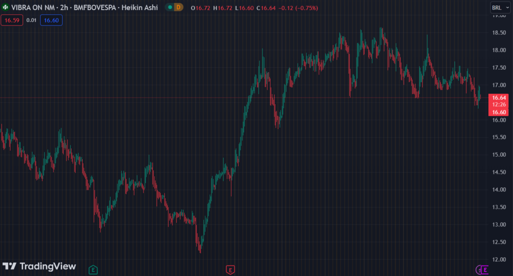 Gráfico mostra a ação VBBR3 na Bolsa.