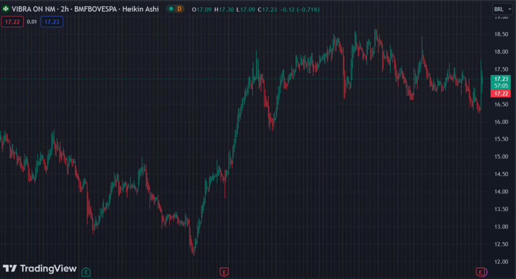 Gráfico mostra a ação VBBR3 na Bolsa.