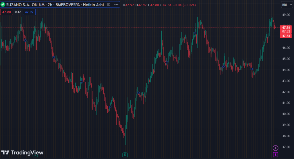 Gráfico mostra a ação SUZB3 na Bolsa.