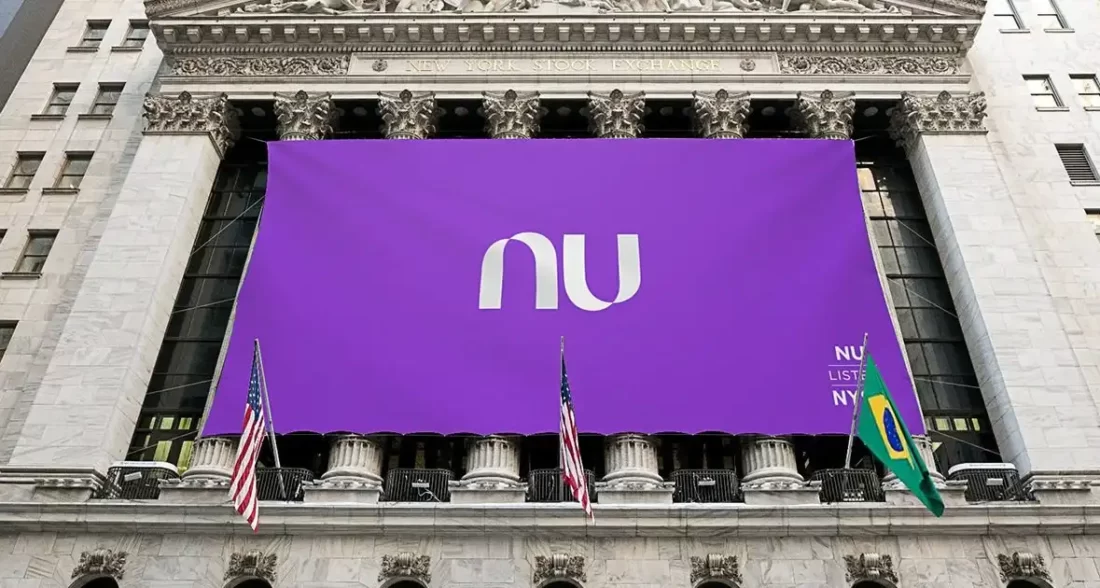 Ações do Nubank: imagem mostra fachada da NYSE em dia de IPO da fintech IPO do Nubank