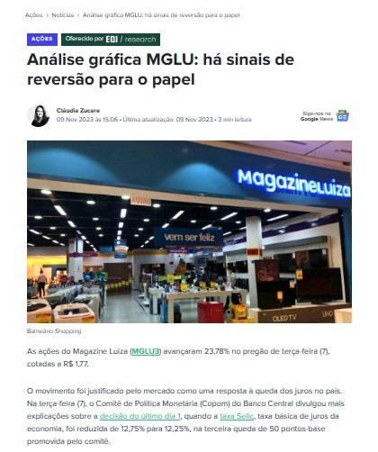 imagem portal EuQueroInvestir: análise técnica MGLU3