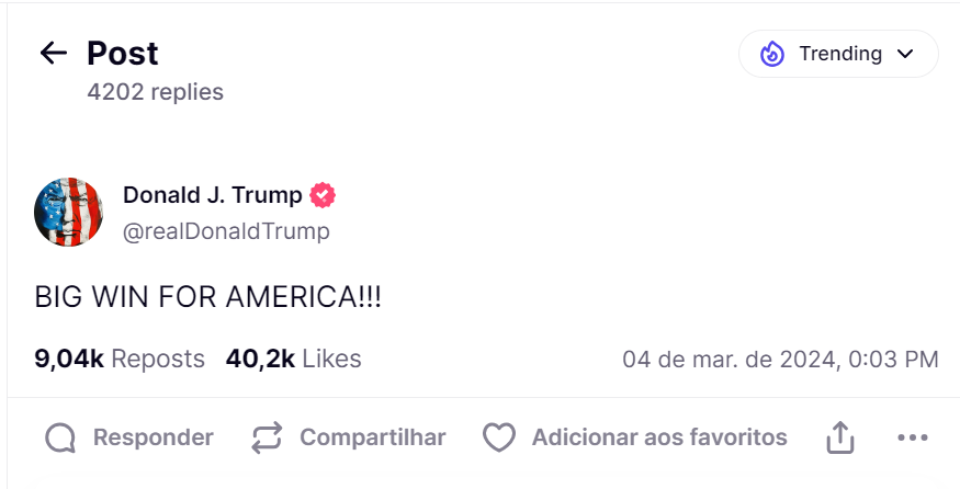 Post de Donald Trump na rede Truth Social, que diz "BIG WIN FOR AMERICA!!!" ("GRANDE VITÓRIA PARA A AMÉRICA!!!", em português).