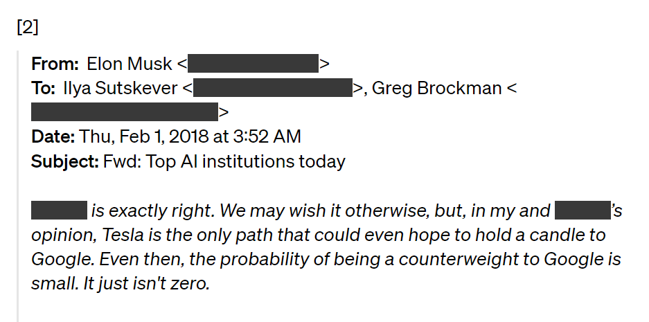 Troca de e-mails de Elon Musk e OpenAI: Musk, na época, diz que a Tesla é o único caminho para a companhia rivalizar com o Google