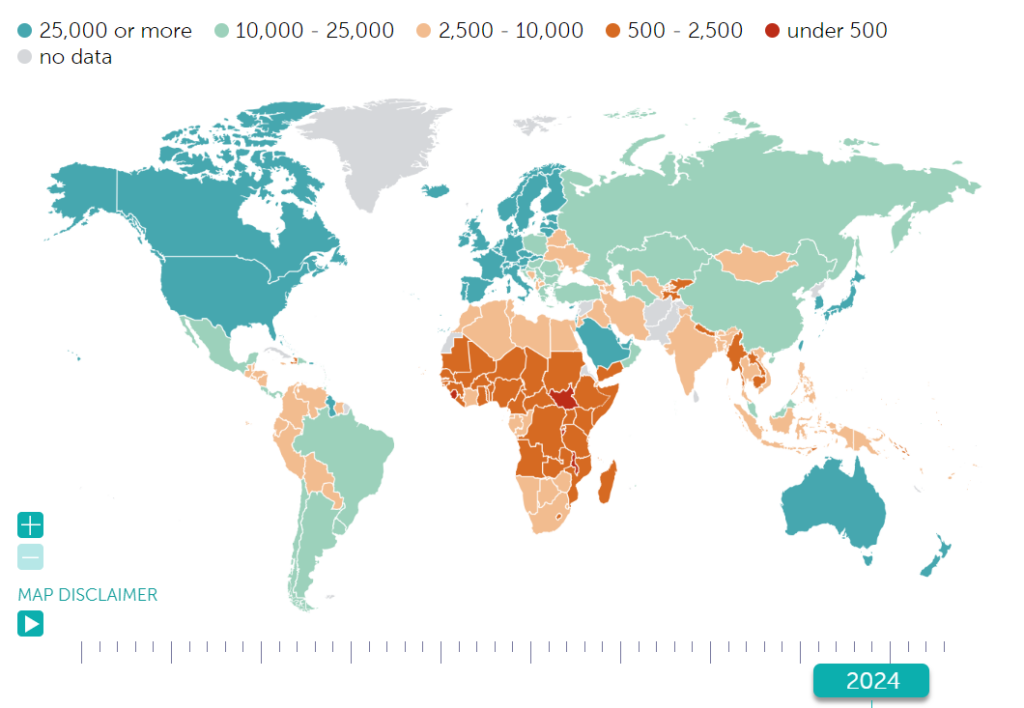 Mapa mostra PIB per capita em 2024, medido pelo FMI, mostrando países mais ricos do mundo.