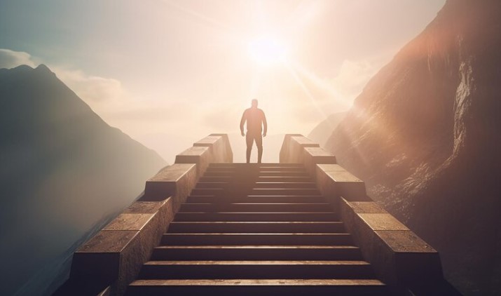 jornada do investidor: homem em cima de escada, com raios de sol sobre ele