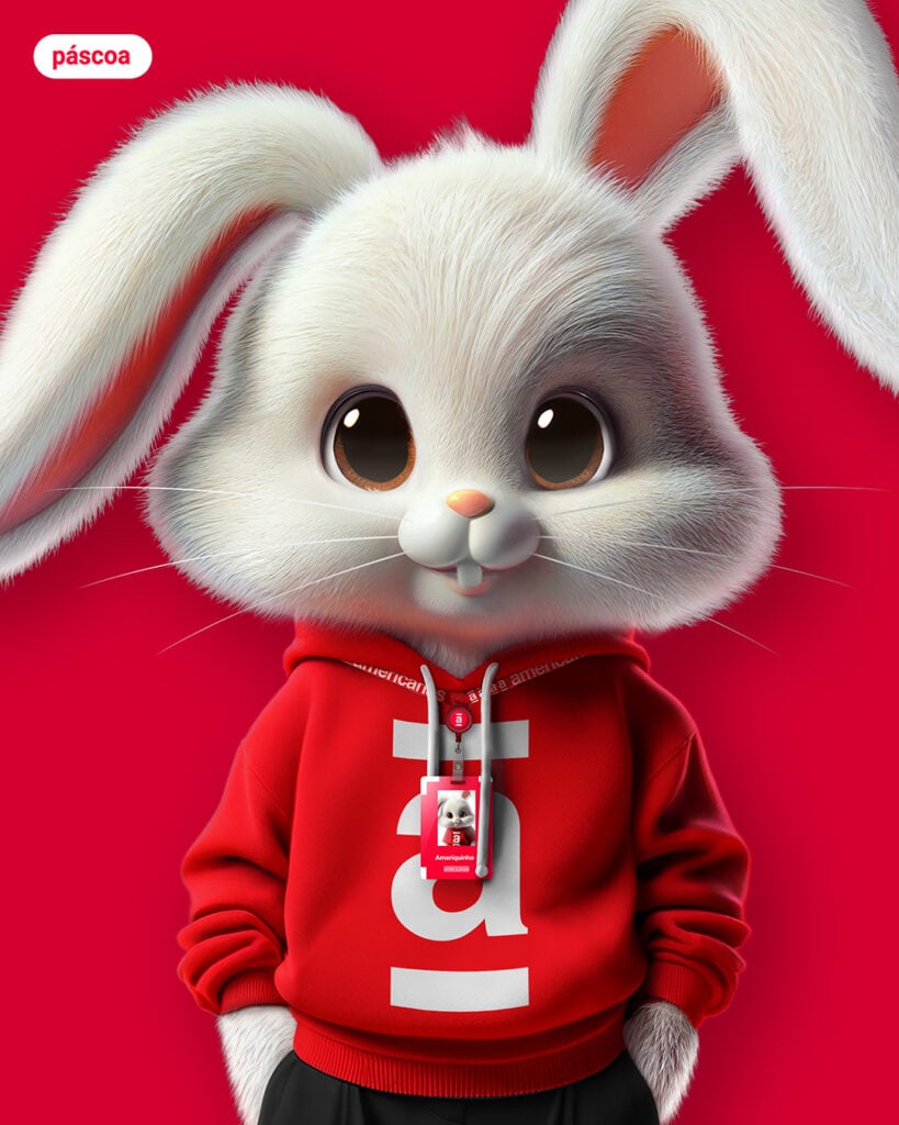 Páscoa. Mascote Ameriquinho: Coelho branco de moletom com logo da Americanas e crachá de funcionário.