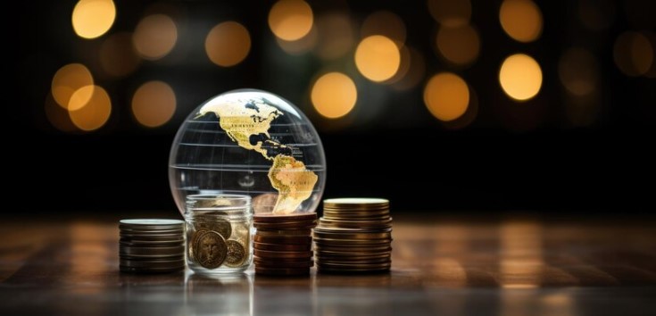 internacionalização do patrimônio: imagem de globo e pilhas de moedas