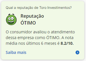 Melhor corretora de investimentos. Reputação Reclame Aqui Toro.