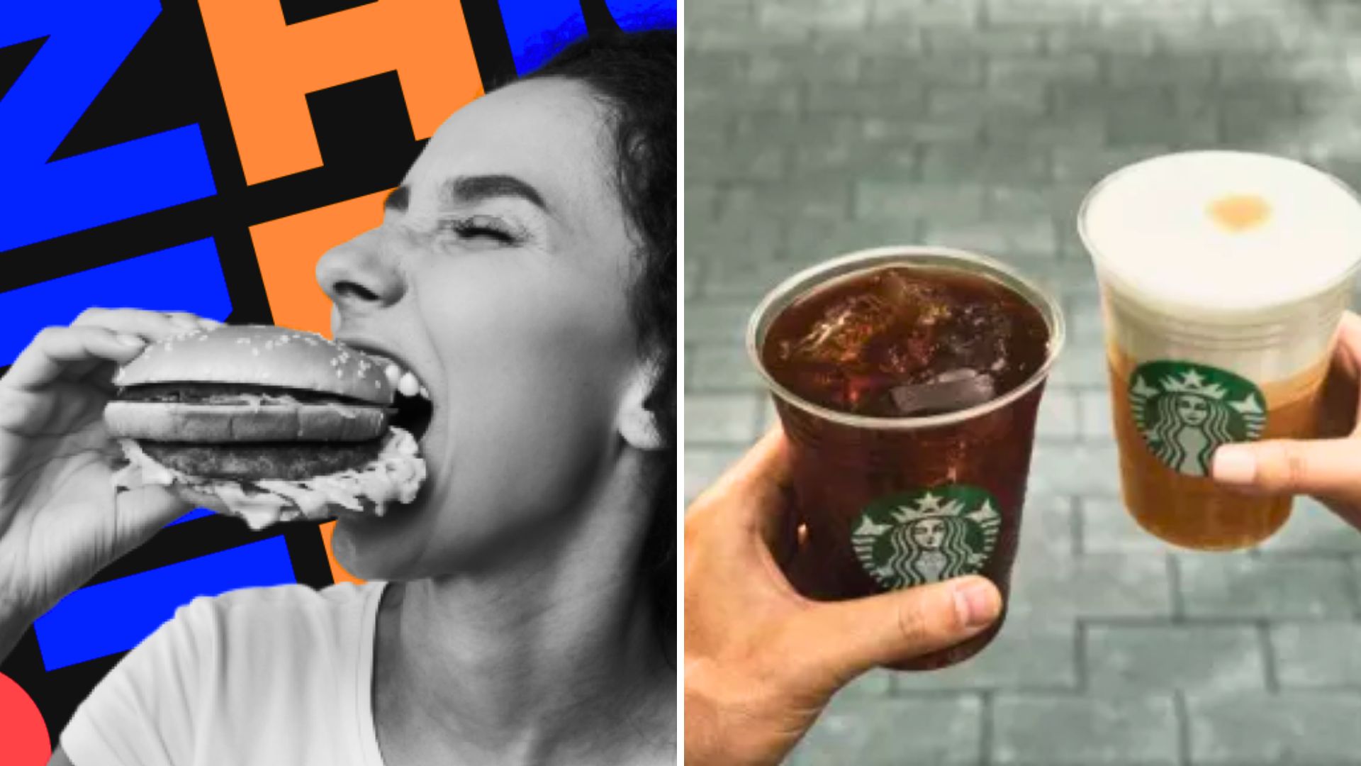 Mulher comendo hambúrguer e uma pessoa segurando dois copos do Starbucks