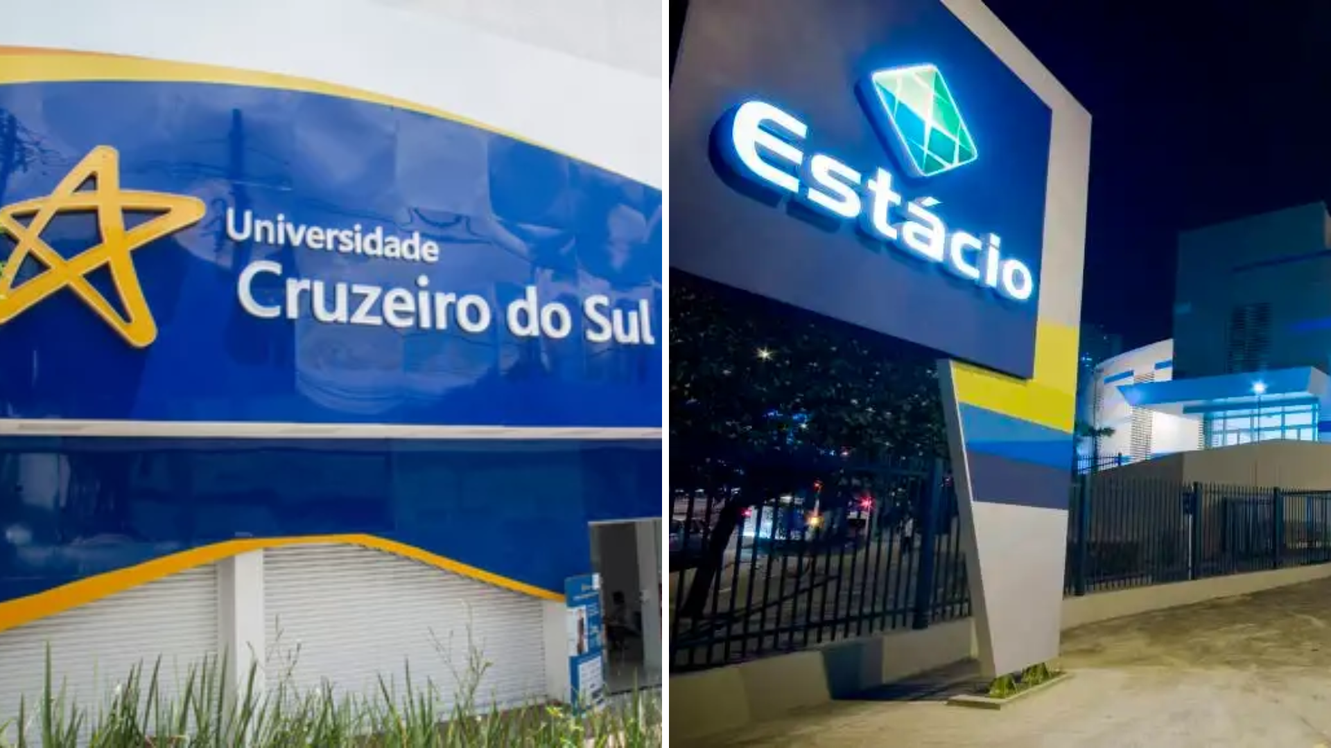 Fachadas das Universidades Cruzeiro do Sul e Estácio, das empresas Cruzeiro do Sul Educacional e Yduqs