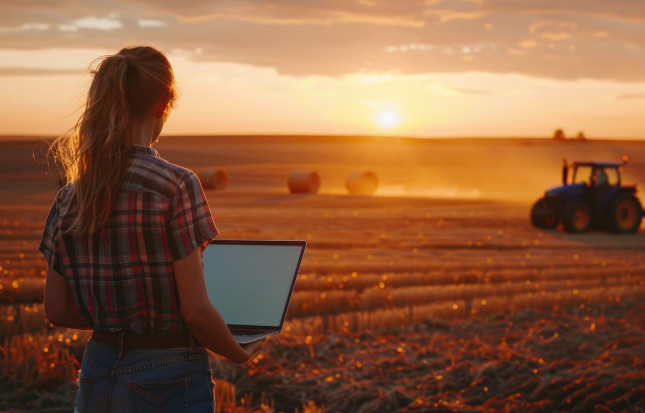 agronegócio brasileiro: foto de plantação e mulher ao computador