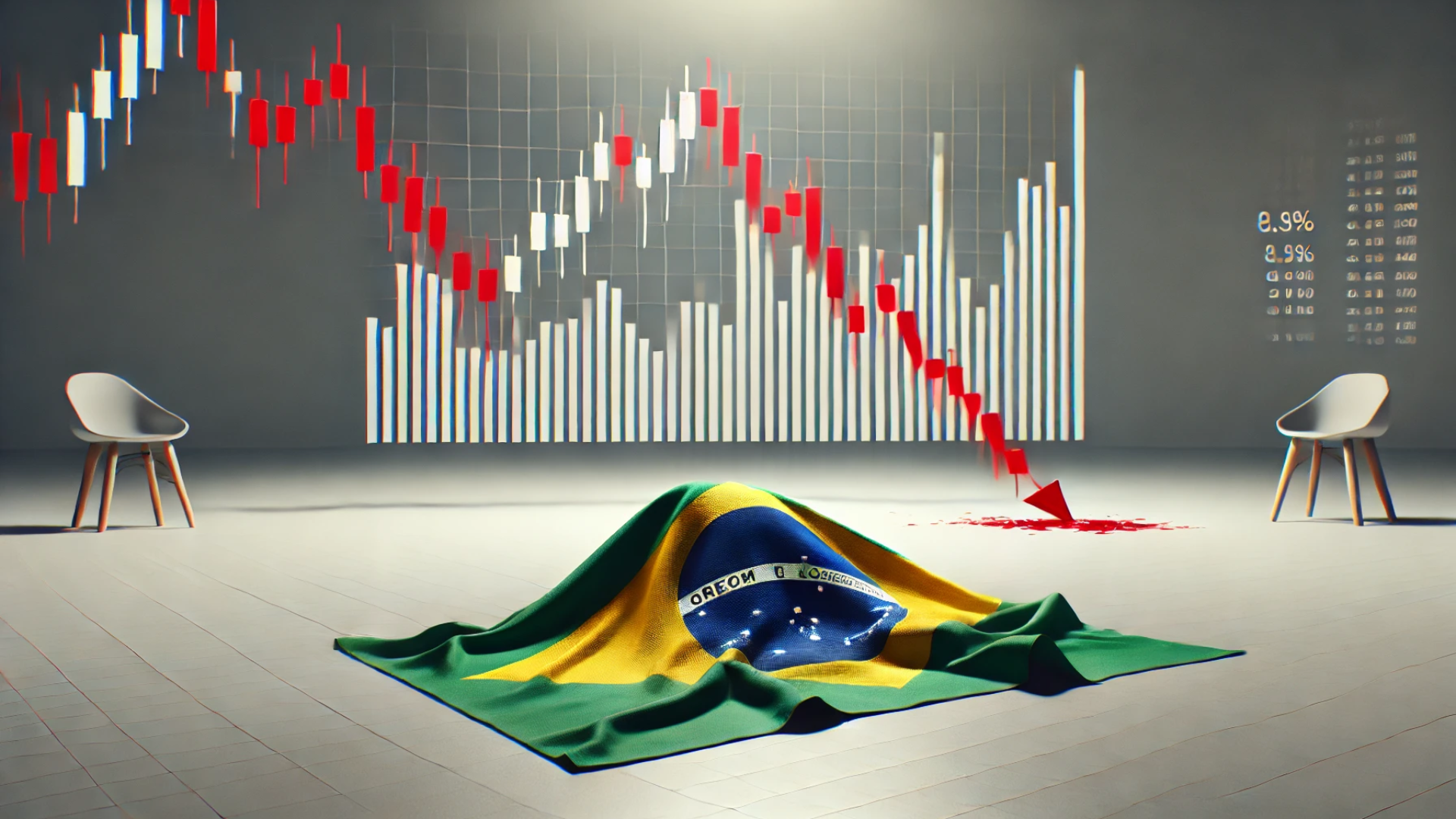 Bandeira do Brasil no chão e um gráfico candlestick em queda - rebaixamento Morgan Stanley