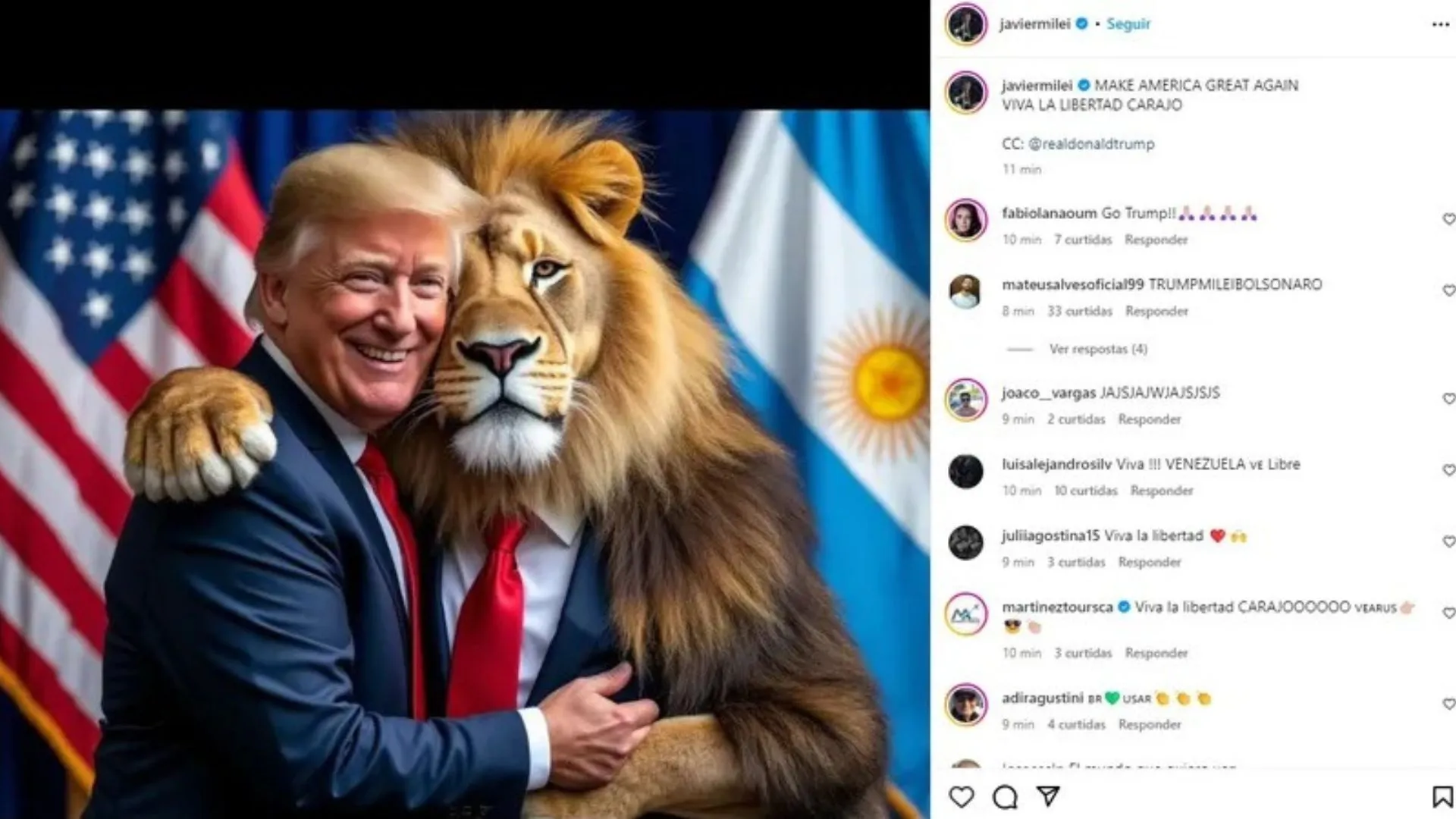 Milei saudando vitória de Trunp no Instagram