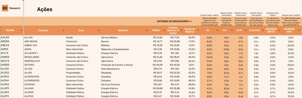 foto planilha de ativos